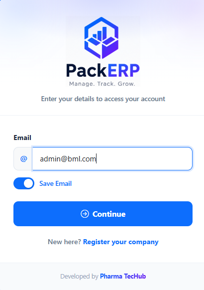 PackERP secure login screen